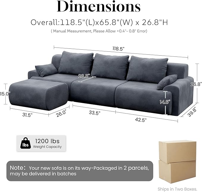 GRUSIGN 118'' Sectional Boneless Oversize Modular Couches, Curved Cloud Sectional Couches for Living Room,Rounded Corner Design L Shape Deep Seat Family Sofa with Ottoman & 3 Throw Pillows, Grey