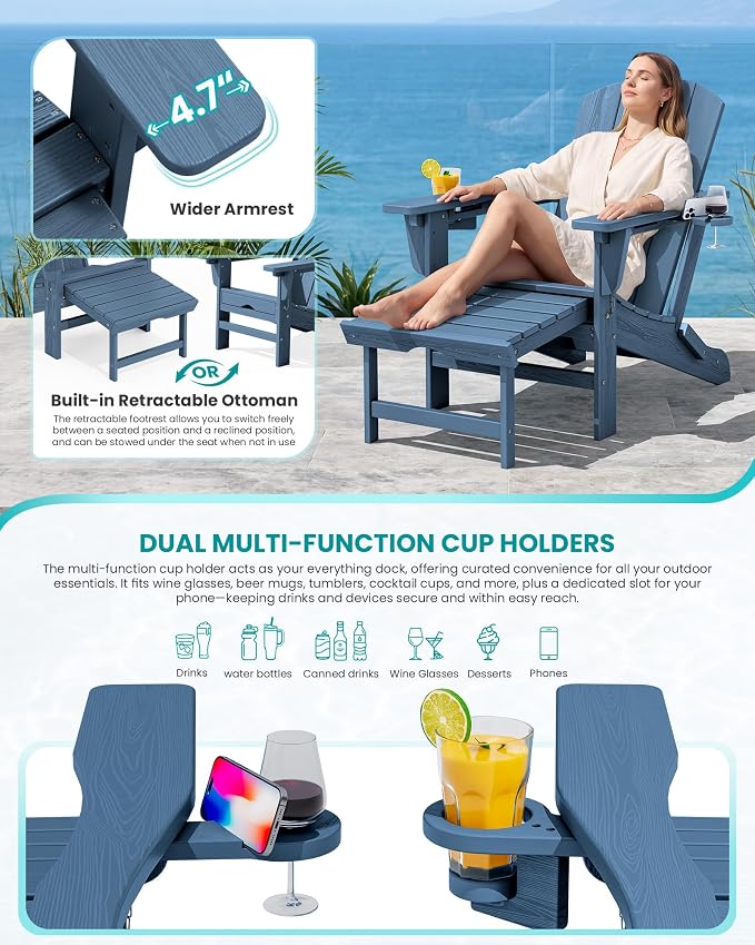 SERWALL Folding Adjustable Adirondack Chairs with Footrest Set of 2, HDPE Outdoor Chair with Dual Cup Holders, All Weather Adirondack Chair with Ottoman, Blue