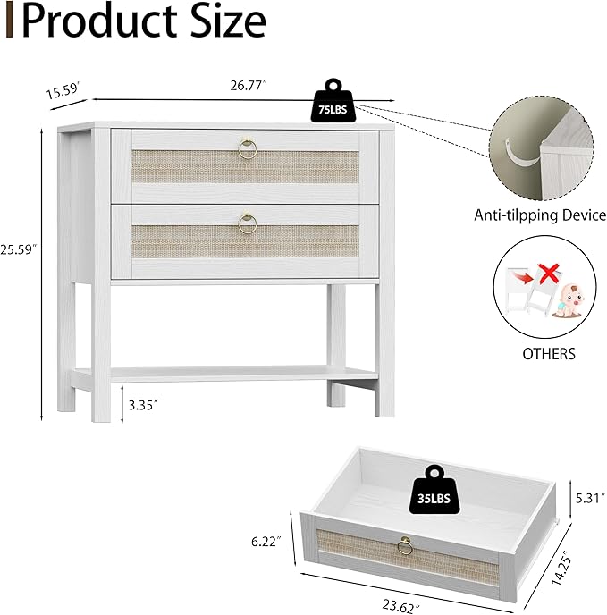 Xixini Nightstand wih 2 Drawers & Open Shelf, 27" Wide Rattan Boho Bedside Table with Brass Knobs, Small Mid Century Modern Night Stand, Wooden End Side Table for Bedroom, Living Room, Closet, White