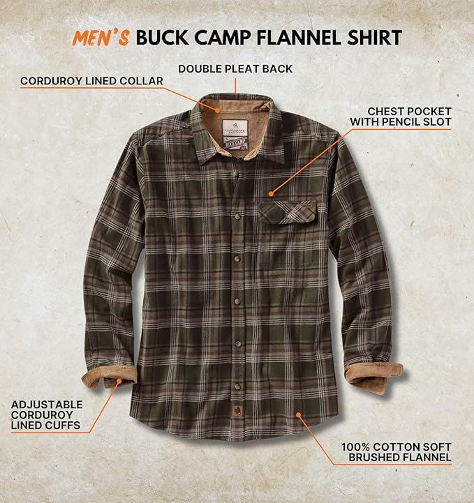 Legendary Whitetails Mens Long Sleeve Button Down 100% Cotton Flannel Shirt