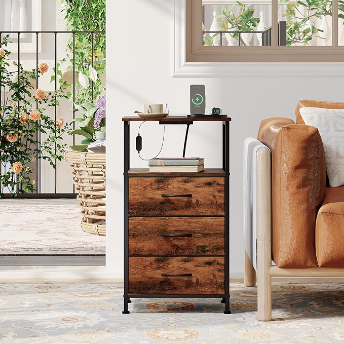 Somdot Tall Nightstand with Charging Station and LED Light for Bedroom, 3 Drawers Dresser with Fabric Bins for Bedside Kids Dorm Room Closet Laundry Entryway, Wood Grain Print