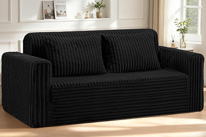 HABUTWAY 78" Loveseat Boneless Couch, 4-in-1 Convertible Sofa Bed, Plush Fur Folding Futon Sofa Bed Couches with 2 Pillows for Living Room, High-Density Foam Support, No Assembly Required, Black