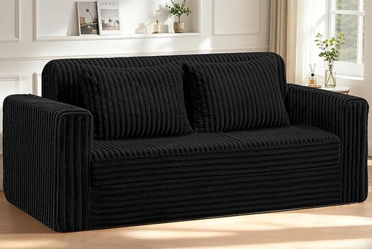HABUTWAY 78" Loveseat Boneless Couch, 4-in-1 Convertible Sofa Bed, Plush Fur Folding Futon Sofa Bed Couches with 2 Pillows for Living Room, High-Density Foam Support, No Assembly Required, Black