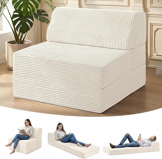 Kasunpul Folding Sofa Bed with Pillow, Memory Foam Fold Out Chair Bed, Convertible Sleeper Chair with Washable Cover, Futon Floor Couch for Living Room/Dorm/Guest Use/Home Office/Apartment, Beige