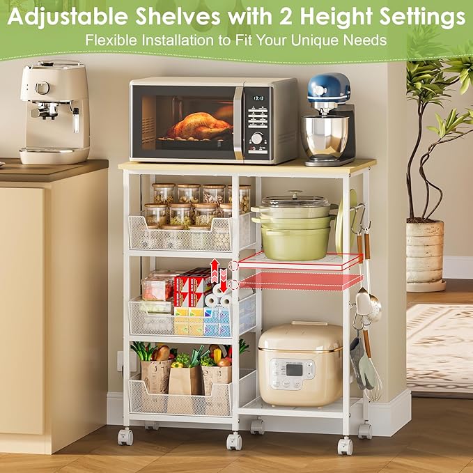 Rolling Kitchen Storage Microwave Cart & Kitchen Island on Wheels, Adjustable Shelf, Lockable Wheels, 27.75" L × 15.35" W, Bakers Rack Microwave Stand with Tilt-Out Baskets, Kitchen, Coffee Bar, White