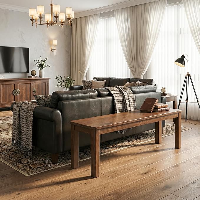 100% Solid Oak Wood Dining Bench, 47.3'' Entryway Bench Extra Chair Seat Long Ottoman with Squre End & Round Corner for Kitchen Living Room Bedroom, Walnut