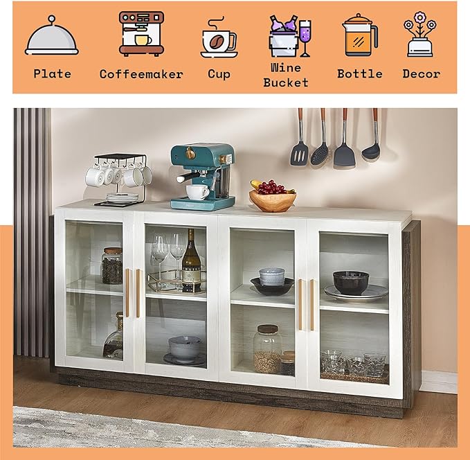 AMERLIFE Sideboard Buffet Cabinet, Mixed Color Accent Cabinet with LED Lights, Modern Glass Doors Storage Cabinets with Adjustable Shelf, Console Table for Dining, Living Room, White and Grey