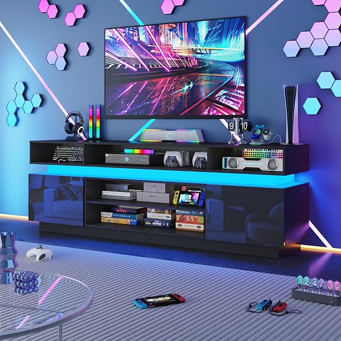 chartustriable LED TV Stand for 95 Inch TV, Modern Tall Entertainment Center with Power Outlets, High Gloss TV Stand, Gaming TV Media Console for Living Room, 83 Inch, Black