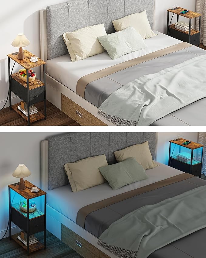 TUTOTAK Small Narrow LED End Table with Charging Station, Side Table Outlets, Nightstand with Cloth Drawer, Set of 2, Couch Table, for Living Room, Bedroom, Bedside, Brown and Black TB01BB059K