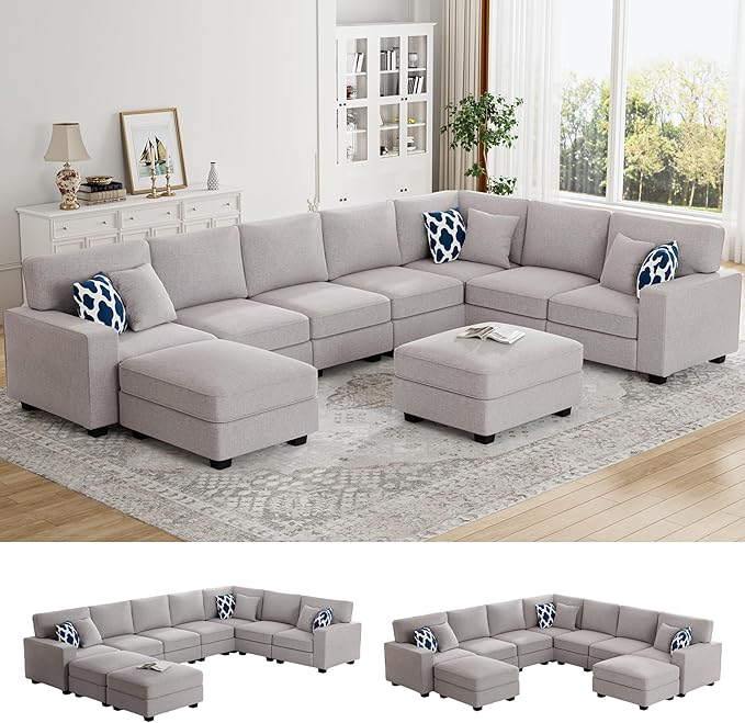 Legend Vansen Oversized Modular Sectional Sofa,U/L‑Shaped Reversible Couch with Ottoman,Deep Seat Plush Polyester Sofa for Living Room,9‑Seate,Light Grey