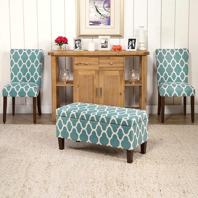 HomePop Large Upholstered Rectangular Storage Ottoman Bench with Hinged Lid, Teal Geometric
