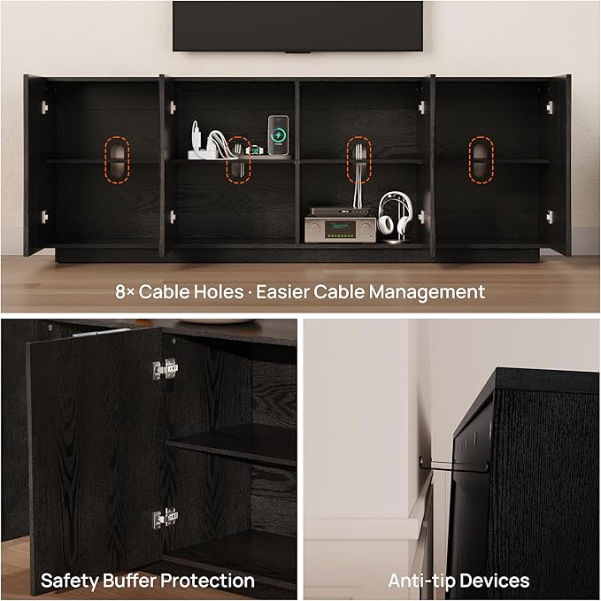 70" Fluted TV Stand for TVs Up to 50/55/65/75", Mid-Century Modern Entertainment Center for Living Room, Tall Sideboard & Storage Cabinet Wavy Media & TV Console, 8 Cable Holes&Soft-Close,Black Walnut