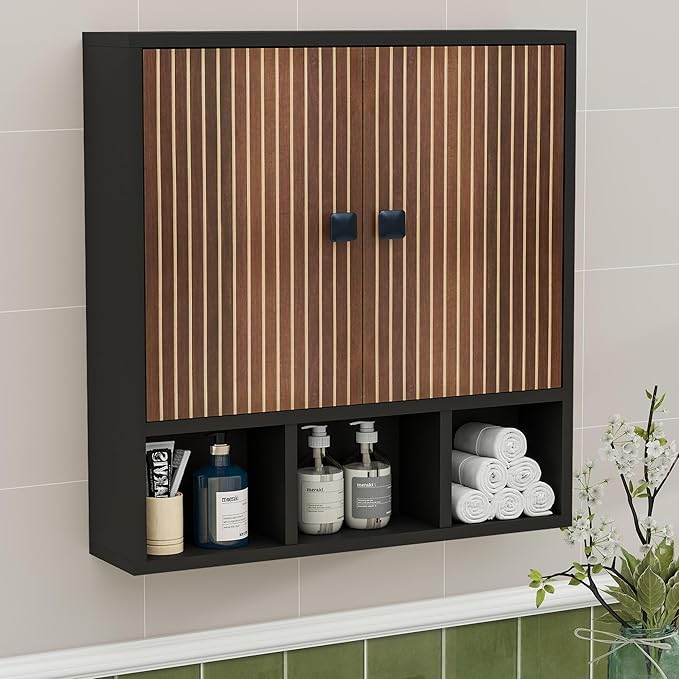 Bathroom Wall Cabinet,Wooden Medicine Cabinet with Fluted Doors Over The Toilet Storage Cabinet with Adjustable Shelf for Bathroom,Black