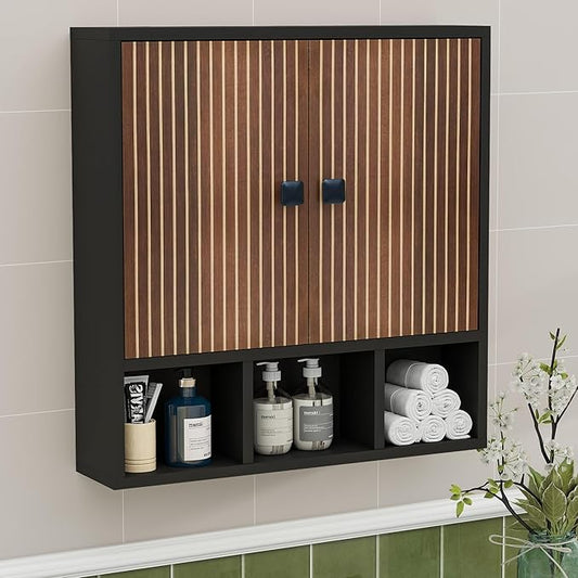 Bathroom Wall Cabinet,Wooden Medicine Cabinet with Fluted Doors Over The Toilet Storage Cabinet with Adjustable Shelf for Bathroom,Black