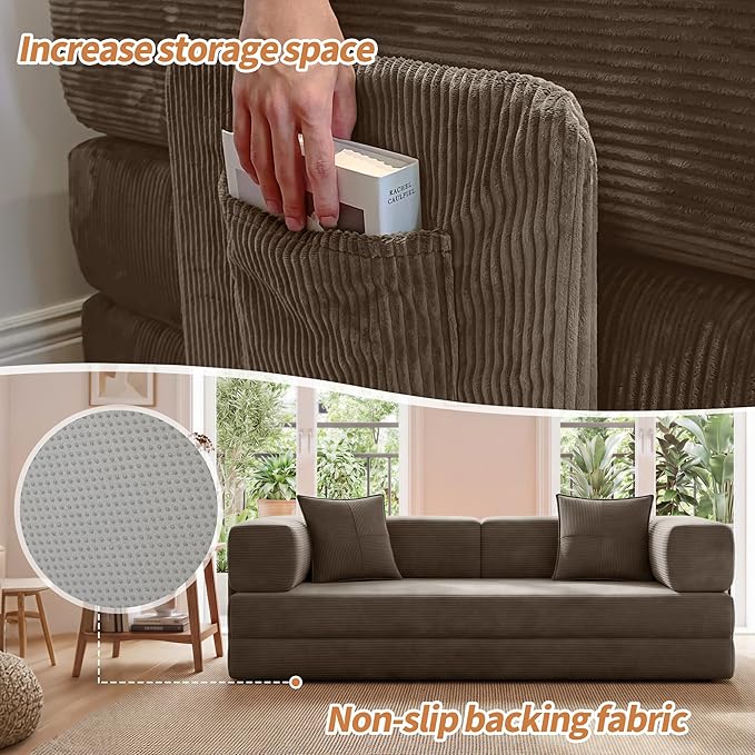 78.8" Convertible Sofa Bed with Armrest Pillow, 4-in-1 Sleeper Couch Bed for Livingroom, Modular Corduroy Boneless couches, No Assembly (Brown)