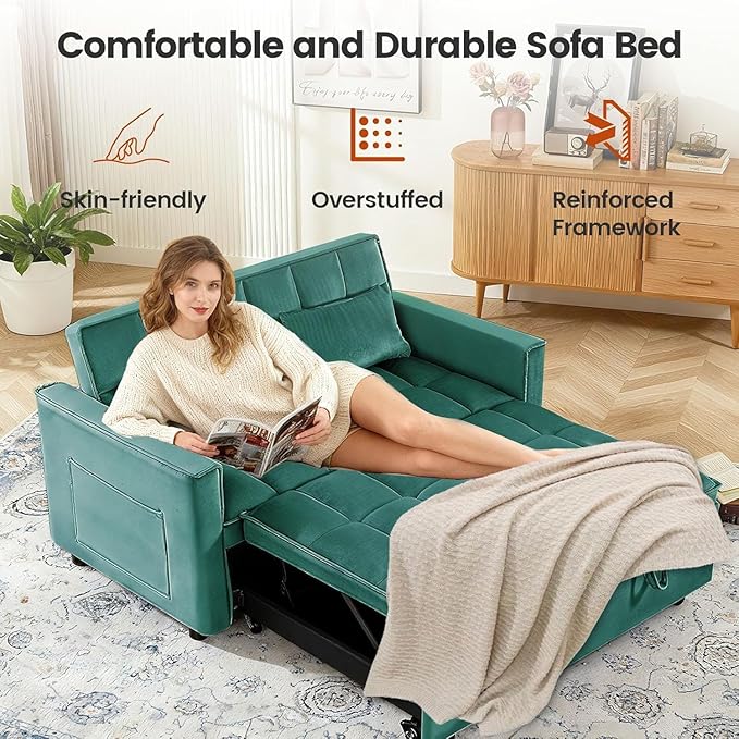 3 in 1 Convertible Sofa Bed, Velvet Fabric Loveseat Sleeper Sofa with Side Pockets, Pull Out Couch with Adjustable Backrest for Small Spaces, Living Room, Bedroom, Apartment, Green