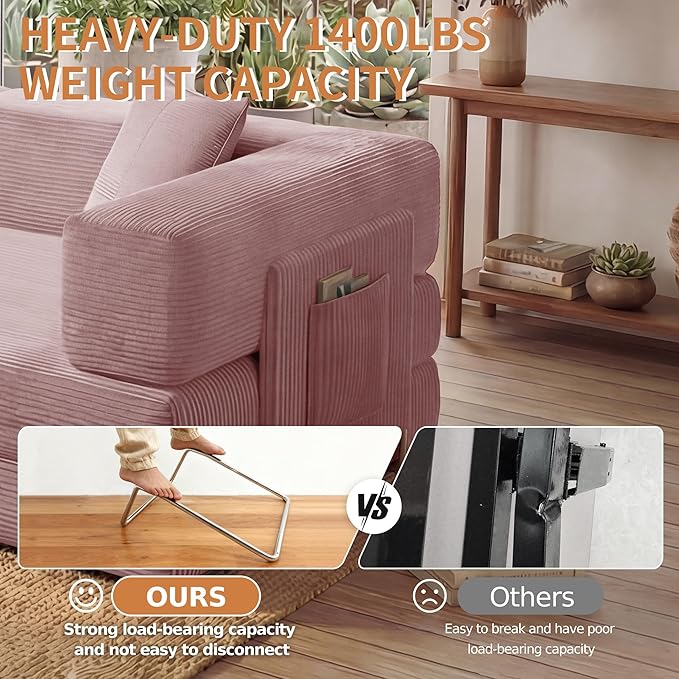 78.8" Convertible Sofa Bed with Armrest Pillow, 4-in-1 Sleeper Couch Bed for Livingroom, Modular Corduroy Boneless couches, No Assembly (Pink)