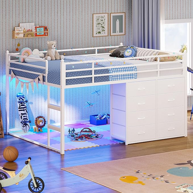 UPOSOJA Full Over Twin Bunk Bed with 8 Fabric Drawers, RGB LED Lights & Under-Bed Play Zone – F Over T Low Loft Bed with Soft Padded 2-Step Ladder, Space-Saving Bed for Kids, Teens (White, Full)