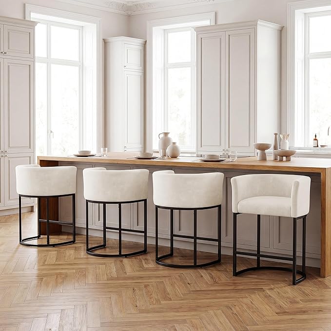 GRUSIGN Chenille Counter Height Bar Stools Set of 4, 26" Kitchen Island Stools with Arms & Footrest, Upholstered Barrel Back Bar Chairs for Kitchen， Dining Room, Bar & Lounge Area, 450 lbs, Off-White