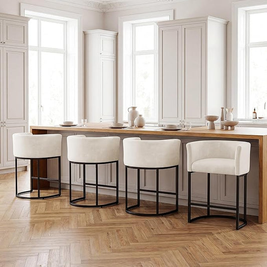 GRUSIGN Chenille Counter Height Bar Stools Set of 4, 26" Kitchen Island Stools with Arms & Footrest, Upholstered Barrel Back Bar Chairs for Kitchen， Dining Room, Bar & Lounge Area, 450 lbs, Off-White