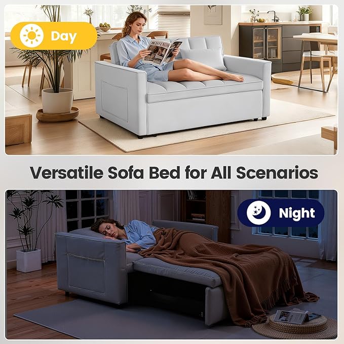 3 in 1 Convertible Sleeper Sofa Bed, Velvet Fabric Loveseat Sofa Bed with Adjustable Backrest & Large Side Pockets, Pull Out Couch for Small Spaces, Apartment, Living Room, Gray