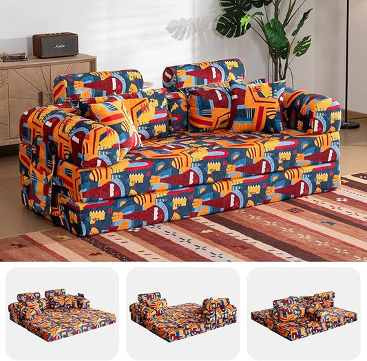 79" Convertible Boneless Couch for Small Spaces, 6-in-1 Corduroy Sofa Bed with High Backrest, Pillows, High-Density Foam Loveseat Sleeper Couch in a Box for Living Room, No Assembly, Graffiti B