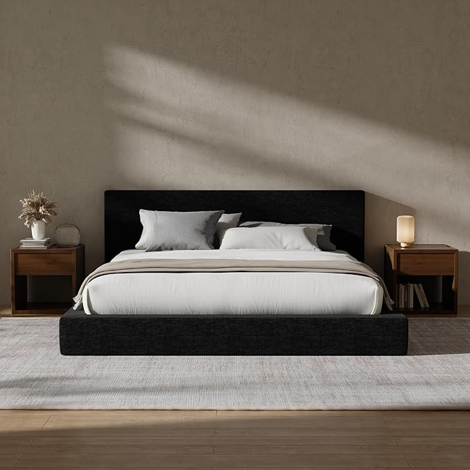 RECCI AirFrame King Size Bed Frame with Headboard, Cloud Upholstered Platform Bed Frame, 5 Inch Foam Cushioned, No Box Spring, Easy Assembly(Onyx Black)