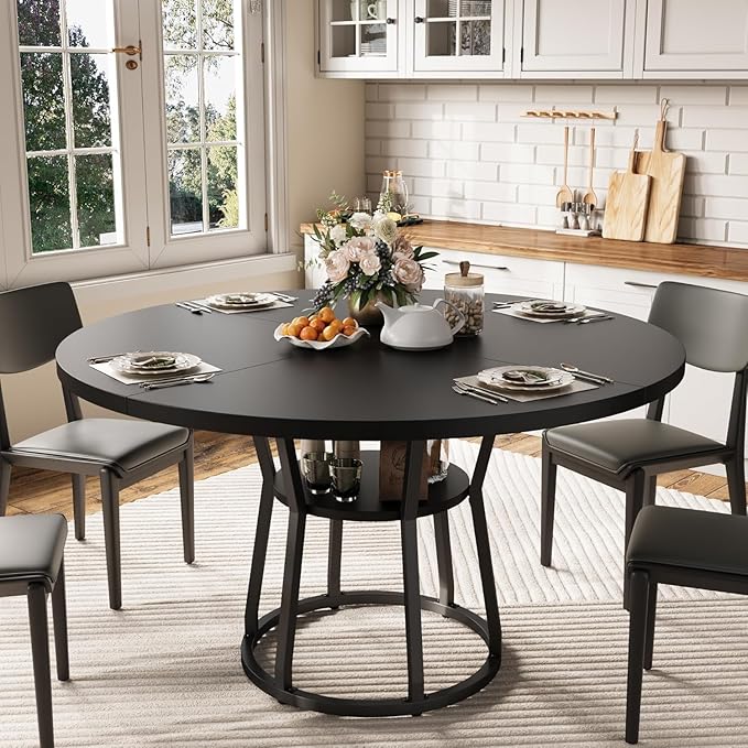 GarveeHome 47 Inch Round Dining Table with Storage Shelf, Farmhouse Circle Kitchen Table for 4-6, Space-Saving Wood Top, Metal Legs, for Kitchen, Dining & Living Room, Apartment, Table Only-Black