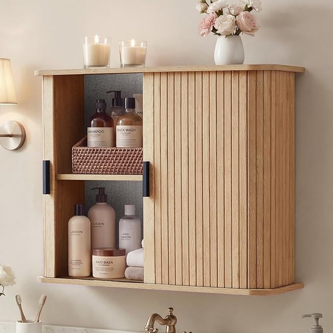 weselon Fluted Wall Mounted Bathroom Cabinet with Sliding Doors, Medicine Cabinet Storage for Over the Toilet, Space Saver Organizer for Small Bathroom Laundry Kitchen (Natural)