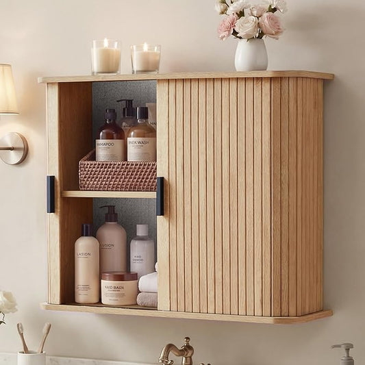 weselon Fluted Wall Mounted Bathroom Cabinet with Sliding Doors, Medicine Cabinet Storage for Over the Toilet, Space Saver Organizer for Small Bathroom Laundry Kitchen (Natural)