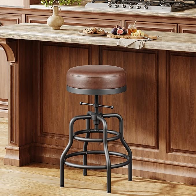 Raynesys Adjustable Height Swivel Bar Stool, 22-29 Inch Industrial Vintage Bar Counter Height Stool with Thicken Premium Bonded Leather Seat & Updated Footrest, Easy Assembly, Brown