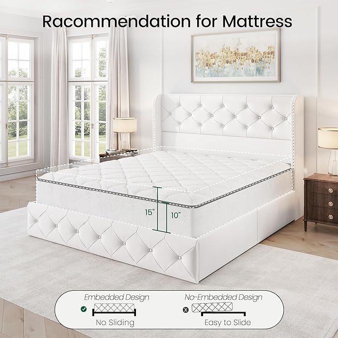 LARMACE Full Size Bed Frame with 4 Storage Drawers and 47.2" Tall Wingback Headboard Velvet Upholstered Platform Bed Frame Tufted Beds with Wooden Slats Support, Easy Assembly, White