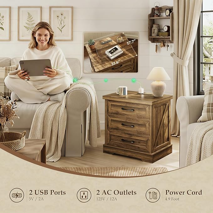 AODK 24 Inch Farmhouse Nightstands with Charging Station, Bedside Tables with Three Drawers, Bed Side Table with Storage, Rustic End Tables with Outlet and USB for Bedroom, Living Room, Light Walnut