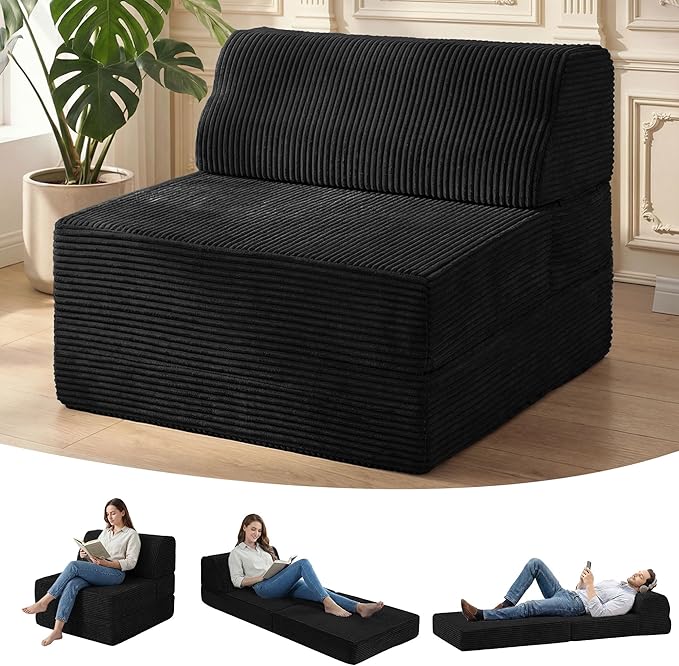 Kasunpul Folding Sofa Bed with Pillow, Memory Foam Fold Out Chair Bed, Convertible Sleeper Chair with Washable Cover, Futon Floor Couch for Living Room/Dorm/Guest Use/Home Office/Apartment, Black