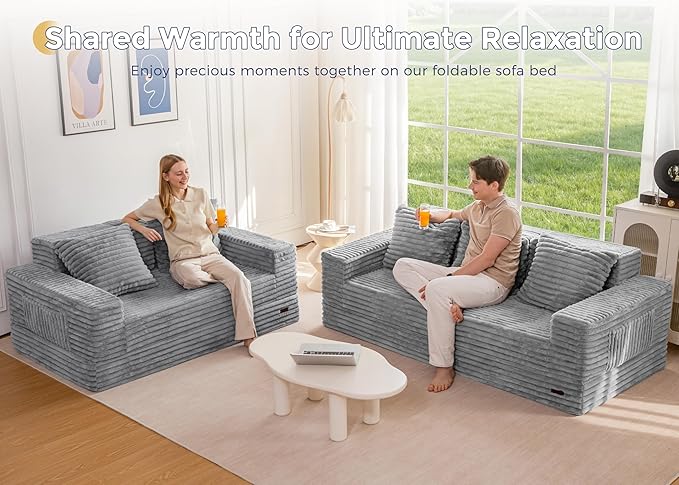 MAXYOYO Loveseat Sofa Bed, Striped Faux Fur Foldable Floor Sofa Couch in A Box, 4 in 1 Convertible Boneless Couch with 2 Cup Holders, Folding Recliner Sleeper Chair, No Assembly Required, Grey