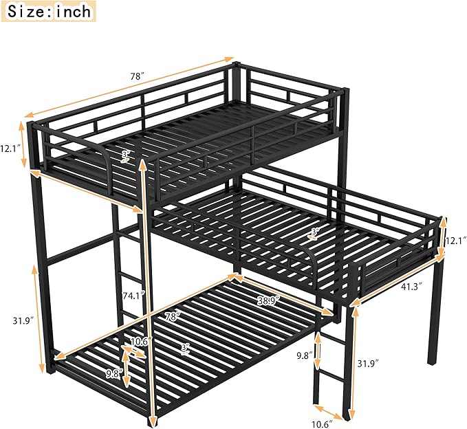MERITLINE Metal Triple Bunk Bed for Kids, L-Shaped Twin Over Twin & Twin Bunk Bed Frame, 3 in 1 Bed Bunk Beds with Guardrails and Ladders for Teens Adults, Black
