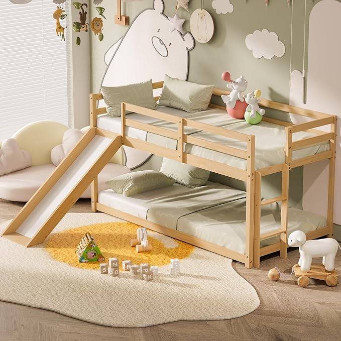 TOLEAD Low Bunk Bed with Slide, Floor Loft Bed with Climbing Ladder, Wood Twin Bunk Bed Frame with Full Guardrails & Storage Space for Kids Toddler