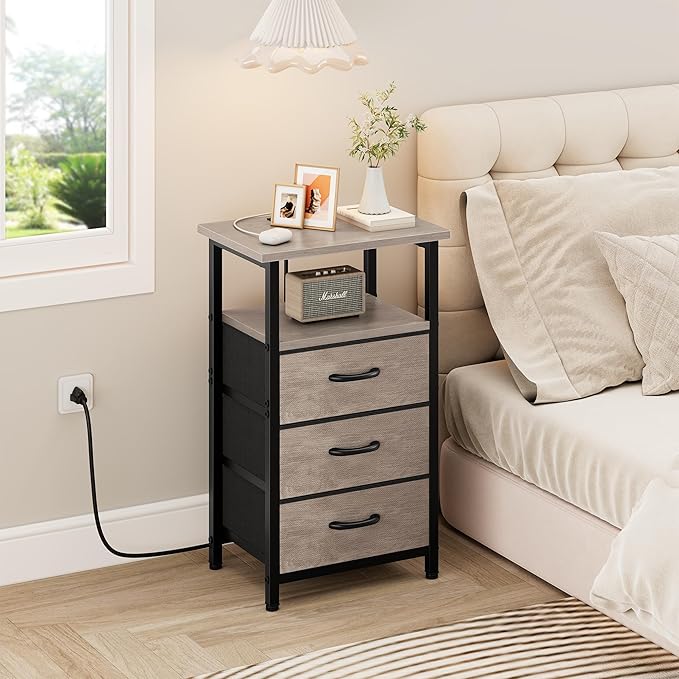 Vagusicc Nightstand with Charging Station, Bedside Table with USB Ports and Outlet, End Table Side Table with 3 Fabric Drawers and Storage Shelf, Bed Side Table Night Stand for Bedroom, Greige