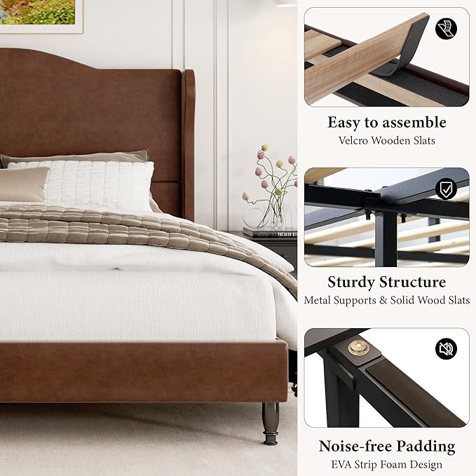 Full Upholstered Bed Frame with Tall Headboard, Leather Platform Bed Frame with Wingback Sides, Wood Slats Support, Noise-Free Design, No Box Spring Required, Easy Assembly, Dark Brown