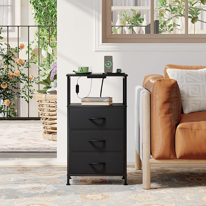 Somdot Nightstands Set of 2,Bedside Tables with Charging Station and LED Lights,Night Stand with 3 Fabric Drawers, End Tables with Open Shelf for Small Spaces Bedroom Entryway Hallway, Black