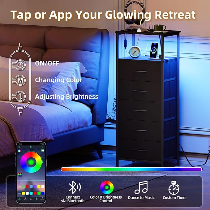 Somdot Black Nightstand with Charging Station and LED Light for Bedroom, Tall 5 Drawers Dresser with Fabric Bins for Bedside Kids Dorm Room Closet Laundry Entryway, Black