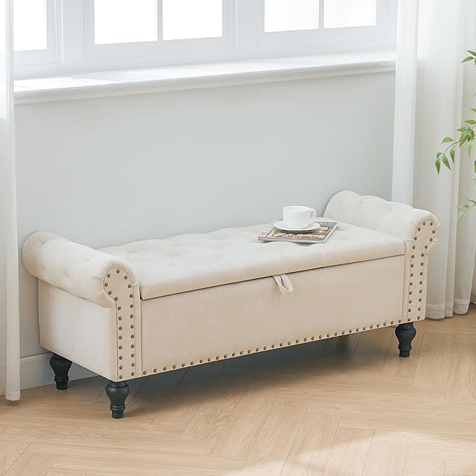 51" Storage Ottoman Bench, End of Bed Bench for Bedroom, Storage Ottomans for Foot of Bed, Chenille Upholstered Benches, Window Benches for Living Room, Entryway, Beige