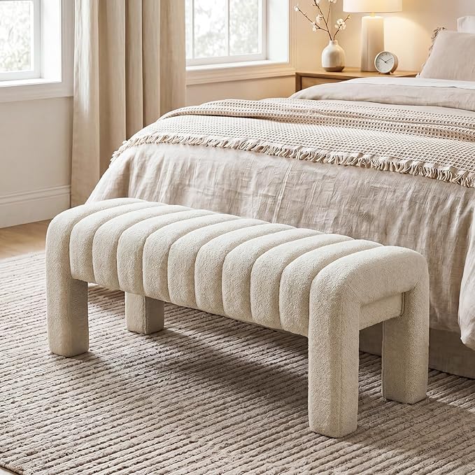43’’ Bedroom Bench, Upholstered End of Bed Bench with Solid Wood Legs, Modern Small Dining Bench with Full Covered Fabrics for Entryway, Bedroom, Living Room (Beige, Linen)