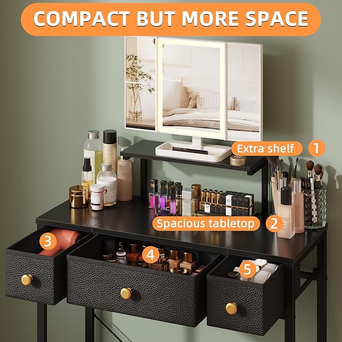 HIGDBFE Small Makeup Vanity Desk 27.5''W with Mirror and Lights, Vanity Desk with 3 Fabric Drawers and Height-Adjustable Stand, Vanity Table for Girls Gifts, Bedroom and Small Spaces, Black