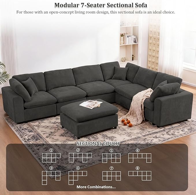 Oversized Modular Sectional Sofa Couch, Large 7 Seater Corner Sofa Modern U Shaped Sectional Couch with Ottoman Cloud Couches for Living Room, Office, Spacious Space, Dark Gray