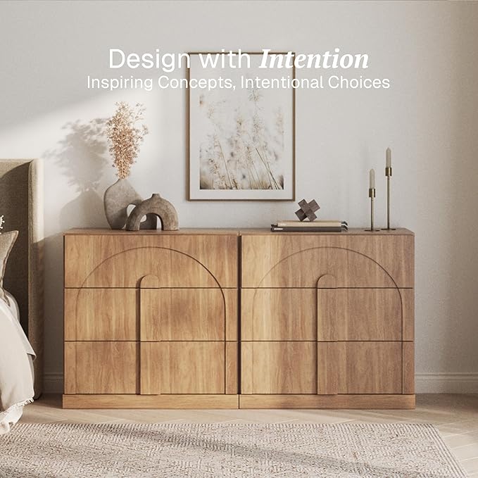 BELLEZE Sideboard Cabinet with 3 Drawers, Set of 2 Modern Wood Buffet Cabinet with Arc Design, Large Fluted Sideboard with Storage for Dining Room Living Room Entryway, Camel