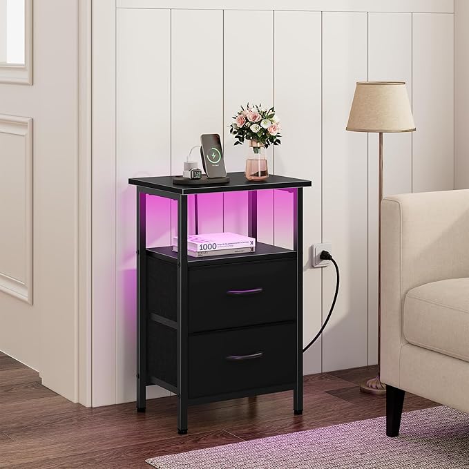 Vagusicc Nightstands Set of 2, Bedside Tables with Charging Station & LED Lights, Black Night Stands with 2 Fabric Drawers, End Table with Storage Shelf, 24.2" Tall Bed Side Table Set of 2 for bedroom