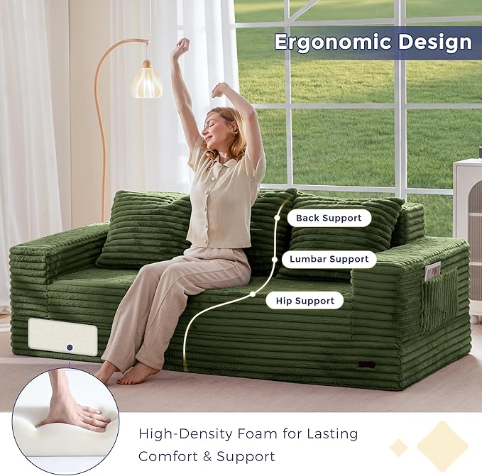 MAXYOYO Loveseat Sofa Bed, Striped Faux Fur Foldable Floor Sofa Couch in A Box, 4 in 1 Convertible Boneless Couch with 2 Cup Holders, Folding Recliner Sleeper Chair, No Assembly Required, Pine Green