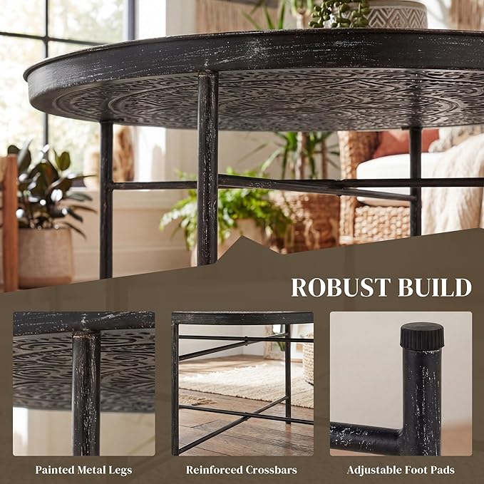 HOMCOM 24" Round Coffee Table with Hammered Tray Top, Vintage Metal Center Table for Living Room, Bedroom, Side Table, Pewter