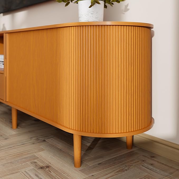 86.6" Fluted TV Stand with Power Outlet for TVs up to 90", TV Console with Adjustable Shelves and Sliding Door,Mid Century Modern Entertainment Center for Living Room,Bedroom (Yellow Walnut, 86.6Inch)